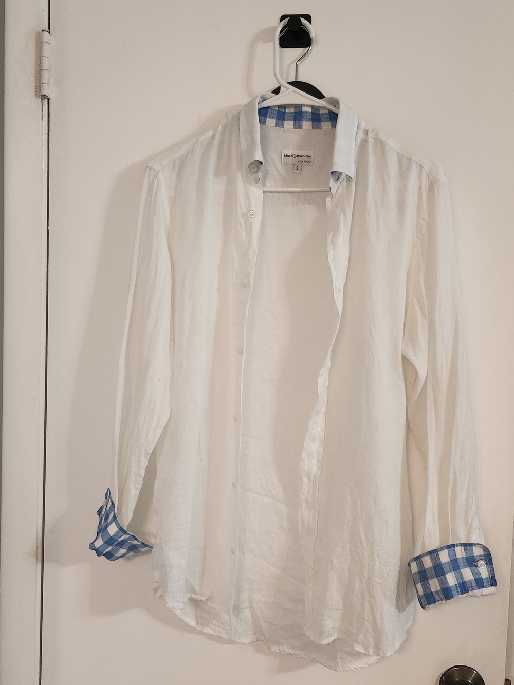 Classic White Button-Down Shirt with Blue Check Trim
